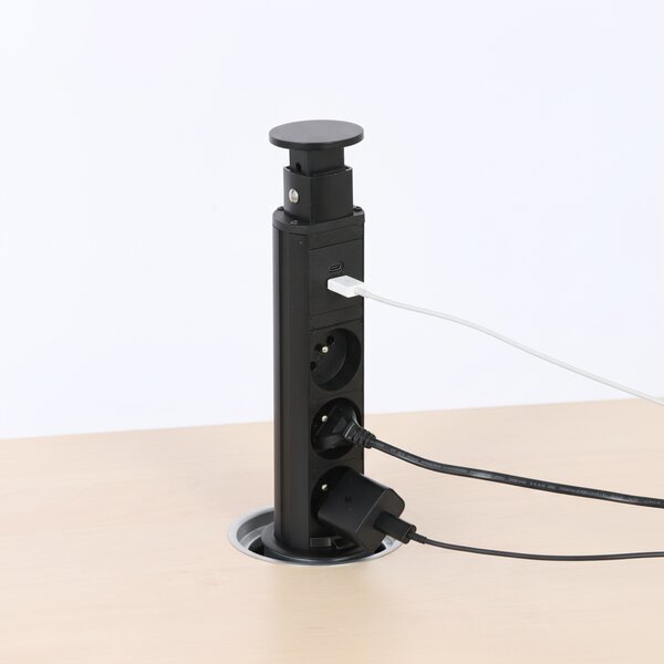 Stolní vysouvací zásuvka, 3× 230 V, USB-A, USB-C, černá