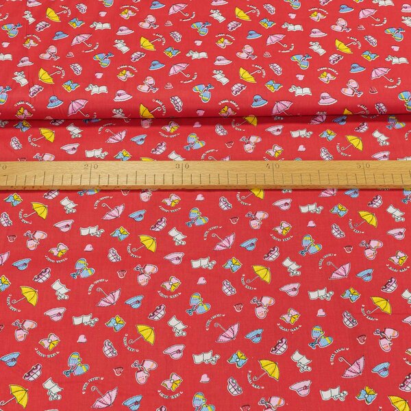Bavlněné plátno dětské deštníky, klobouky, rukavičky na červené, š.160 cm (látka v metráži)