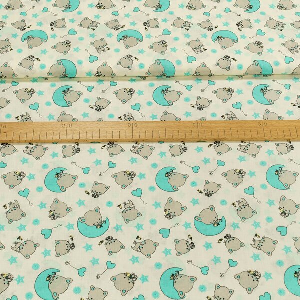 Bavlněné plátno dětské kočky na modrém měsíci s hvězdami, š.140cm (látka v metráži)