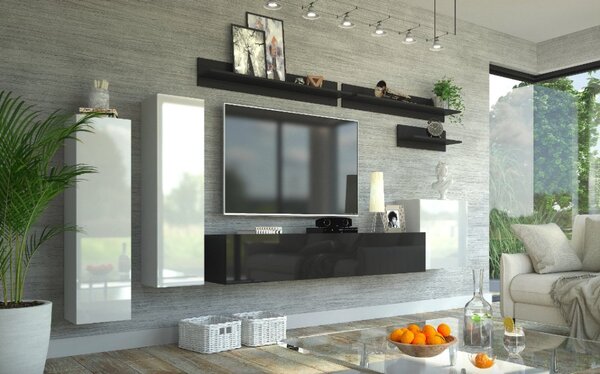Obývací stěna LEMON bílý lesk / černý lesk – moderní design