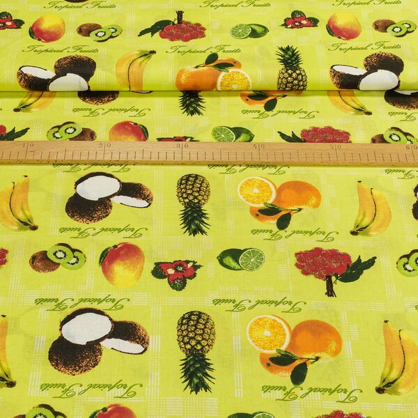 Bavlněné plátno exotické ovoce na limetkově zelené, š.140cm (látka v metráži)