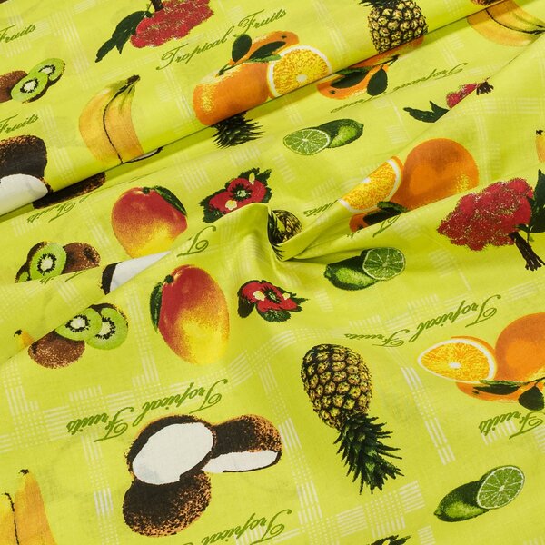 Bavlněné plátno exotické ovoce na limetkově zelené, š.140cm (látka v metráži)