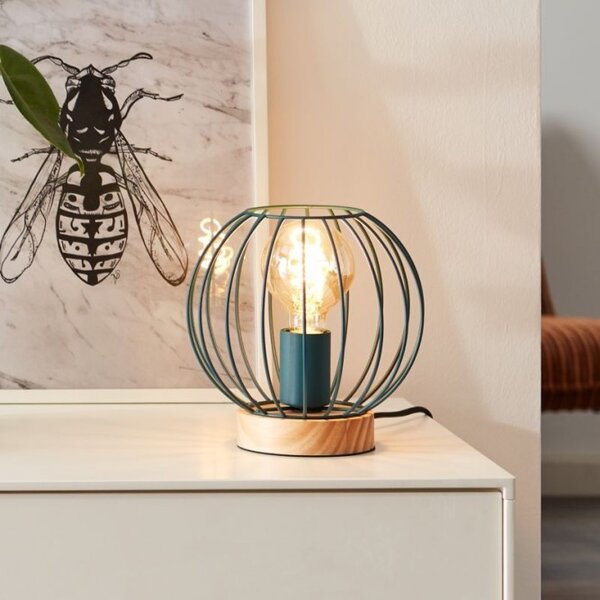 Brilliant 93044/73 Stolní lampa SORANA tyrkysová + DŘEVO