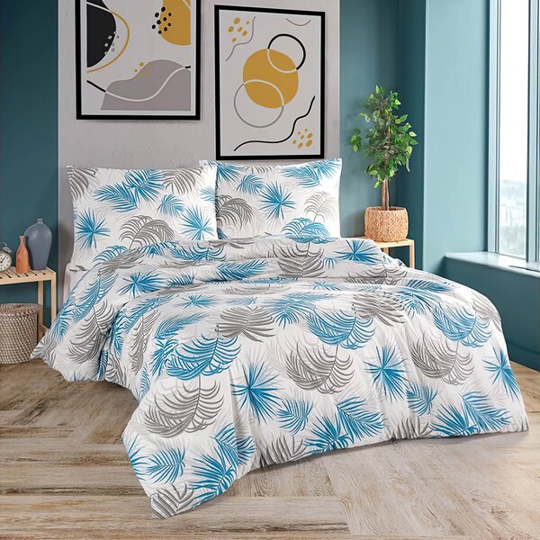 BedTex Povlečení PALMI, palmové listy, modré, bavlna hladká, 140x200cm + 70x90cm