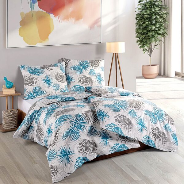 BedTex Povlečení PALMI, palmové listy, modré, bavlna hladká, 140x200cm + 70x90cm