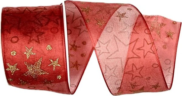 Stuha vánoční organzová SKY STAR RED červená 40mm x 2m (15,-Kč/m)