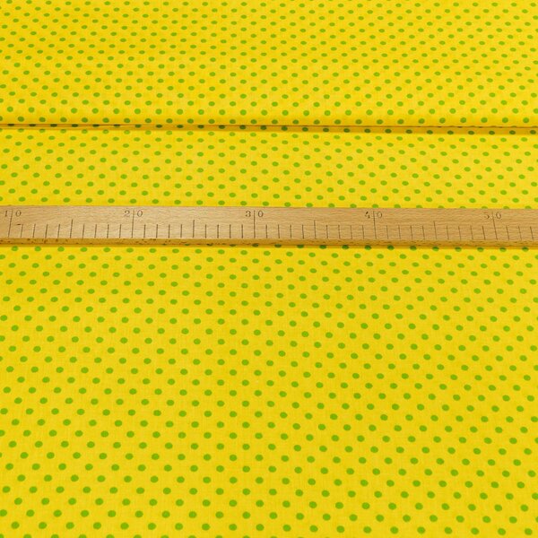 Bavlněné plátno zelený puntík na žluté, š.140cm (látka v metráži)