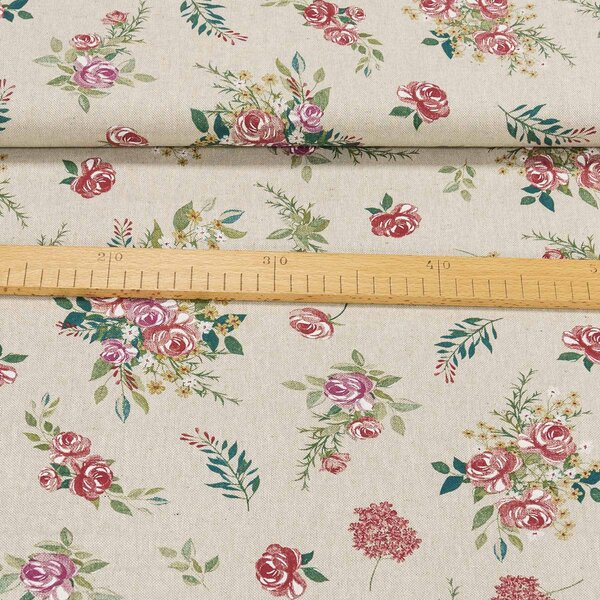 Směsové plátno CALIPSO ROSA, kytice růží na režné, š.140cm (látka v metráži)