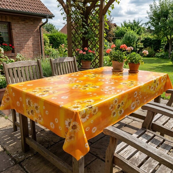 Ubrus PVC s textilním podkladem 5711610, velké kopretiny na oranžové, š.140cm (metráž)