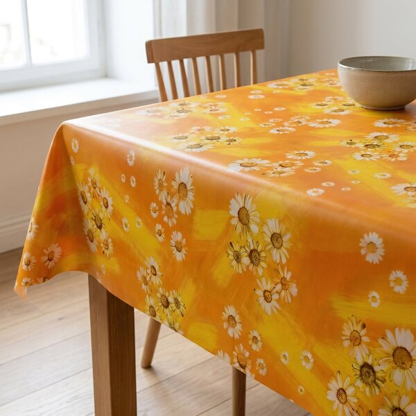Ubrus PVC s textilním podkladem 5711610, velké kopretiny na oranžové, š.140cm (metráž)