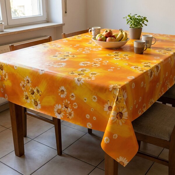 Ubrus PVC s textilním podkladem 5711610, velké kopretiny na oranžové, š.140cm (metráž)