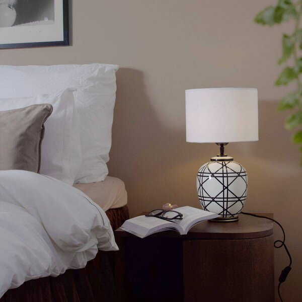 PR Home stolní lampa New York, bílá, výška 46 cm, keramika, Bílá / opál, Obývací pokoj / jídelna, Textil / tkanina / hedvábí