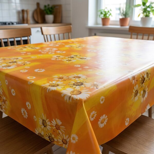 Ubrus PVC s textilním podkladem 5711610, velké kopretiny na oranžové, š.140cm (metráž)