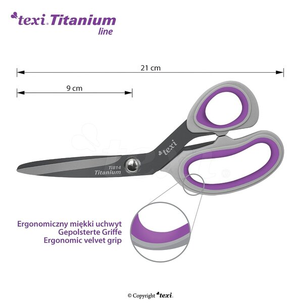 Krejčovské nůžky TEXI TITANIUM Ti814, s ergonomickou rukojetí, délka ostří 9cm, celková délka 21 cm