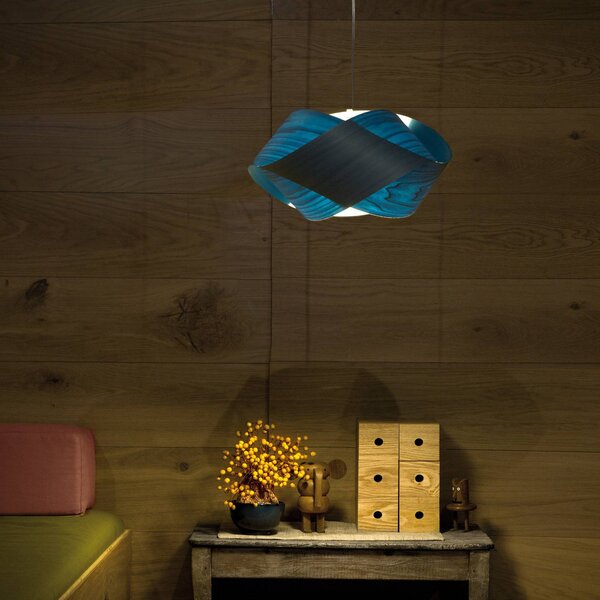 LZF LAMPS Závěsné světlo Nut, modré/niklové, délka 42 cm, dřevo, stmívatelný, Modrá, Obývací pokoj / jídelna, Dřevo, Design