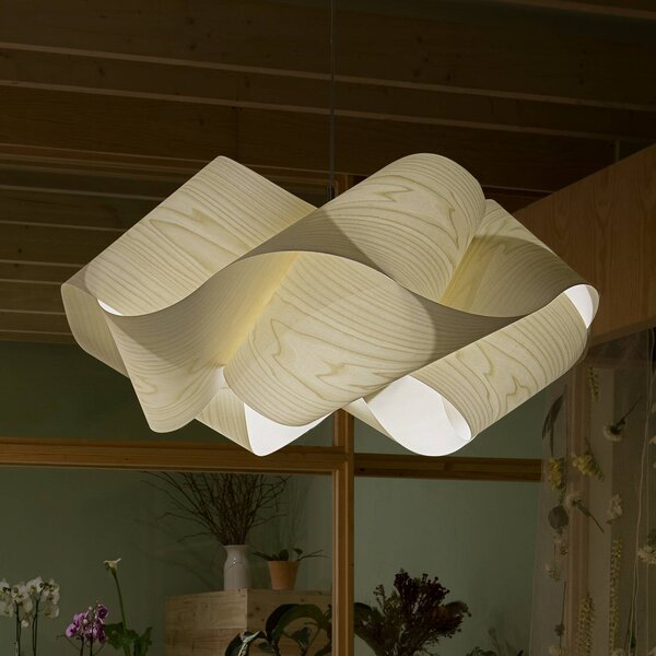 LZF LAMPS Závěsné světlo Swirl, barva slonová kost/nikl, Ø 54 cm, dřevo, stmívatelný, Krémová / jantar, Obývací pokoj / jídelna, Dřevo, Design