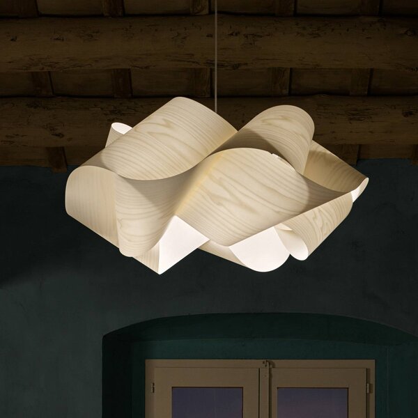 LZF LAMPS Závěsné světlo Swirl, barva slonová kost/nikl, Ø 75 cm, dřevo, stmívatelný, Krémová / jantar, Obývací pokoj / jídelna, Dřevo, Design
