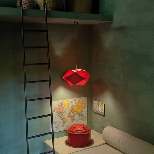 LZF LAMPS Závěsné světlo Nut, červené/niklové, délka 42 cm, dřevo, stmívatelný, Červená, Obývací pokoj / jídelna, Dřevo, Design