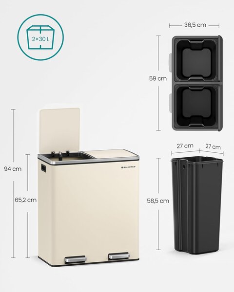 SONGMICS Odpadkový koš s víkem JORDAN 2x30 l krémový