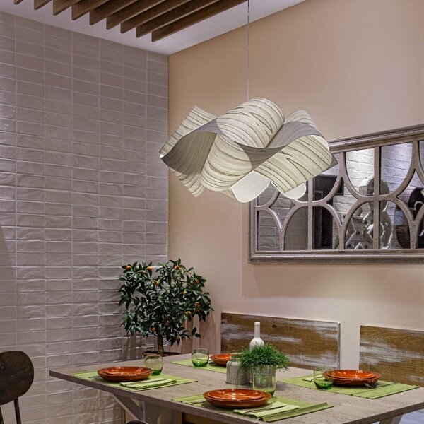 LZF LAMPS Závěsné světlo Swirl, šedá/niklová, Ø 54 cm, dřevo, stmívatelný, Hliník / šedá / zinek, Obývací pokoj / jídelna, Dřevo, Design