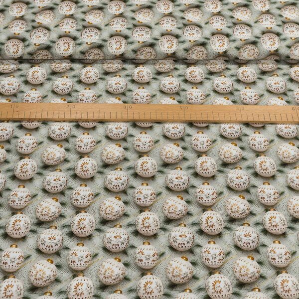 Bavlněné plátno vánoční H241 BLANCO, vzorované baňky na krajce, zelená š.150cm (látka v metráži)