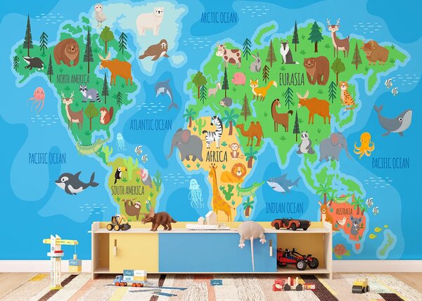 Dětská fototapeta na míru Barevná Zvířecí Mapa Světa | Vliesová fototapeta na zed' | DFTD5P352443
