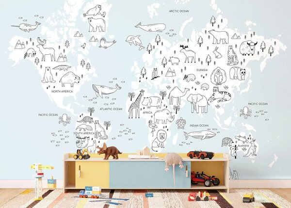 Dětská fototapeta na míru Černobílá Zvířecí Mapa Světa | Vliesová fototapeta na zed' | DFTD5P352441