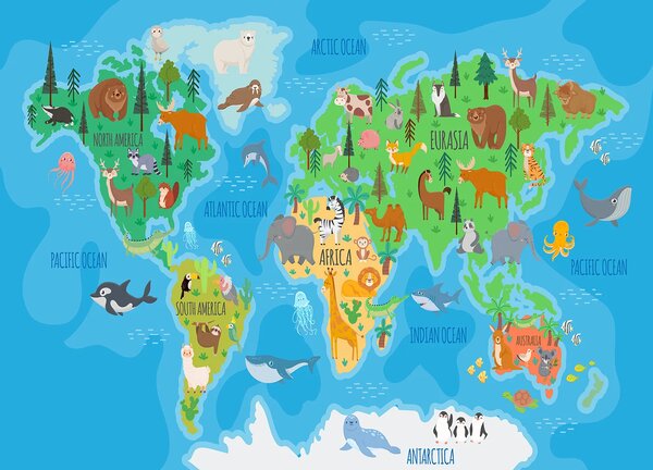 Dětská fototapeta na míru Barevná Zvířecí Mapa Světa | Vliesová fototapeta na zed' | DFTD5P352443