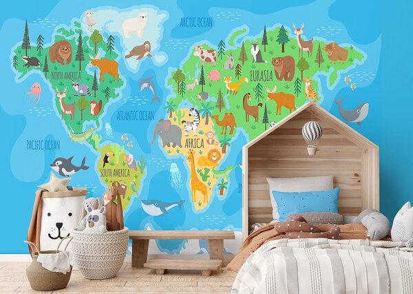 Dětská fototapeta na míru Barevná Zvířecí Mapa Světa | Vliesová fototapeta na zed' | DFTD5P352443