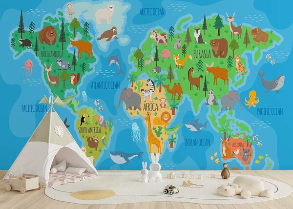 Dětská fototapeta na míru Barevná Zvířecí Mapa Světa | Vliesová fototapeta na zed' | DFTD5P352443