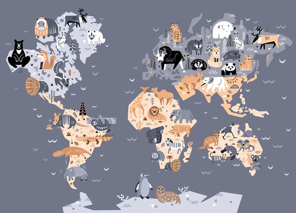 Dětská fototapeta na míru Tmavá Zvířecí Mapa Světa | Vliesová fototapeta na zed' | DFTD5P352445