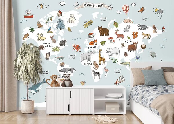 Dětská fototapeta na míru Modrobílá Kreslená Mapa Se Zvířaty | Vliesová fototapeta na zed' | DFTD5P352447
