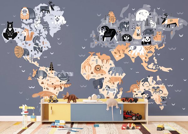 Dětská fototapeta na míru Tmavá Zvířecí Mapa Světa | Vliesová fototapeta na zed' | DFTD5P352445