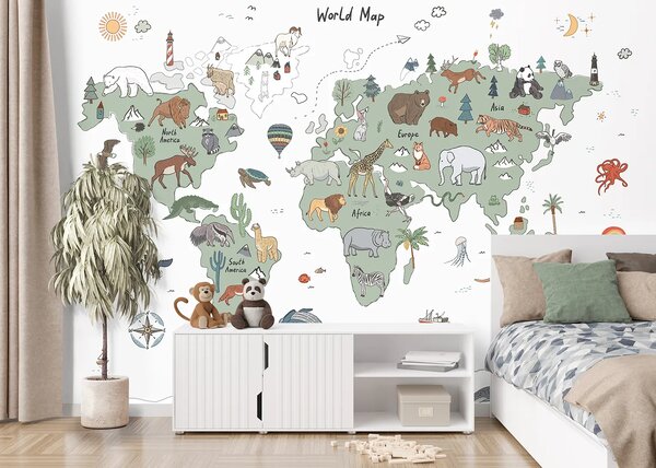 Dětská fototapeta na míru Zelenošedá Kreslená Mapa Se Zvířaty | Vliesová fototapeta na zed' | DFTD5P352451