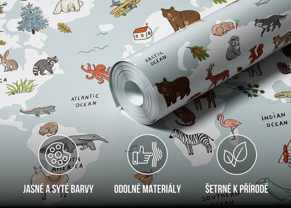 Dětská fototapeta na míru Modrobílá Kreslená Mapa Se Zvířaty | Vliesová fototapeta na zed' | DFTD5P352447