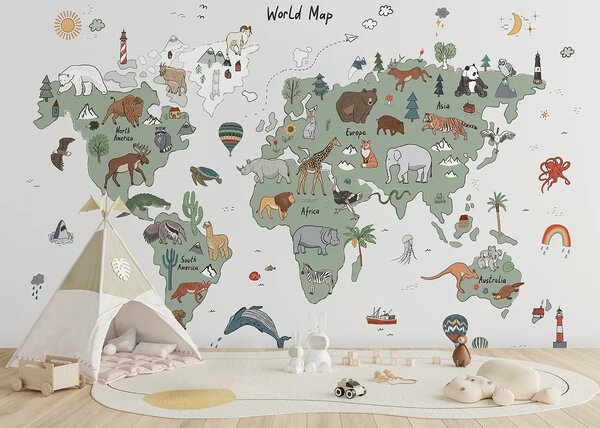 Dětská fototapeta na míru Zelenošedá Kreslená Mapa Se Zvířaty | Vliesová fototapeta na zed' | DFTD5P352451