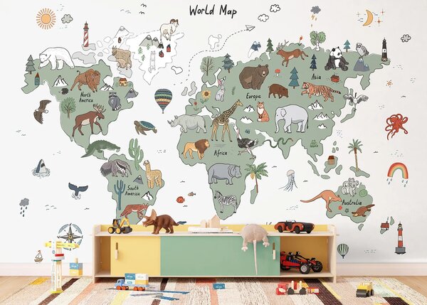 Dětská fototapeta na míru Zelenošedá Kreslená Mapa Se Zvířaty | Vliesová fototapeta na zed' | DFTD5P352451