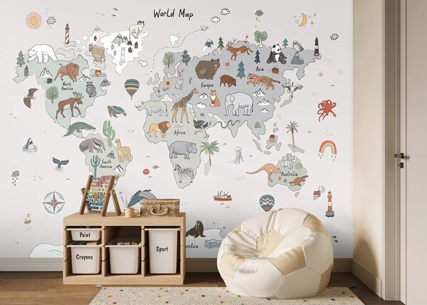 Dětská fototapeta na míru Šedá Kreslená Mapa Se Zvířaty | Vliesová fototapeta na zed' | DFTD5P352449