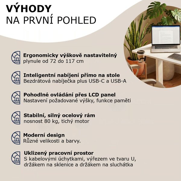 Výškově nastavitelný kancelářský stůl FLEXI, 140x60x72–117cm, bílá Casaria