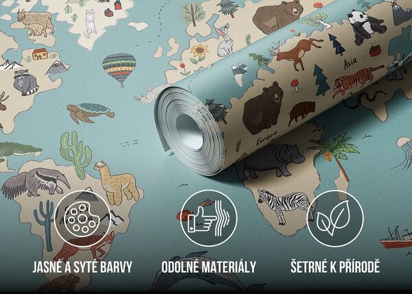 Dětská fototapeta na míru Béžovomodrá Kreslená Mapa Se Zvířaty | Vliesová fototapeta na zed' | DFTD5P352453