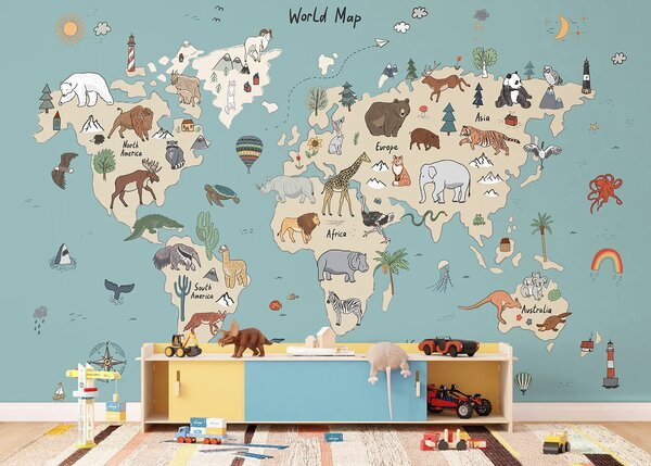 Dětská fototapeta na míru Béžovomodrá Kreslená Mapa Se Zvířaty | Vliesová fototapeta na zed' | DFTD5P352453