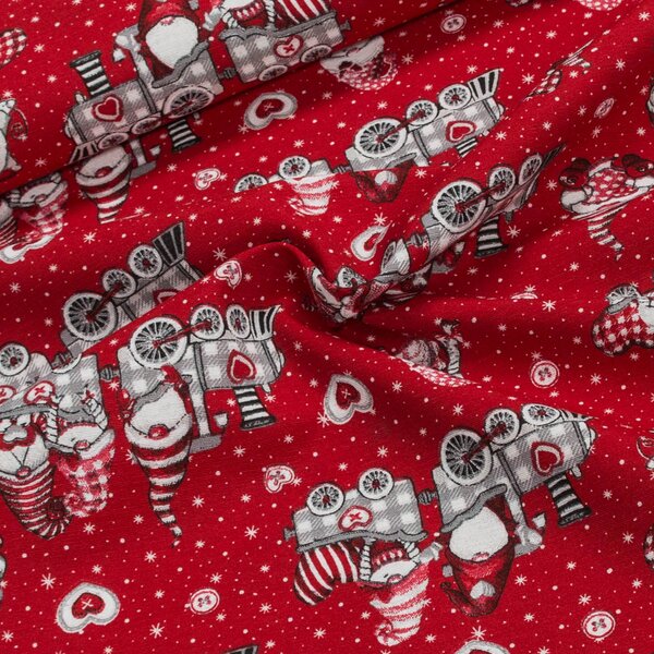Směsové plátno vánoční EXPRES ČERVENÝ, skřítci ve vláčku, š.140cm (látka v metráži)