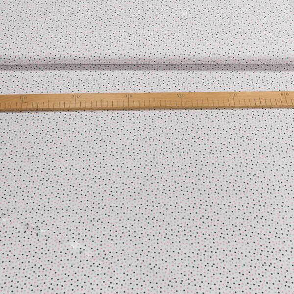 Bavlněné plátno růžovo-šedé puntíky na bílé, š.140cm (látka v metráži)