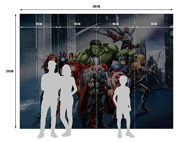 Dětská vliesová fototapeta na zed' Marvel Avengers ve Městě, Disney | 360 x 270 cm | DFTDNXXL 5079