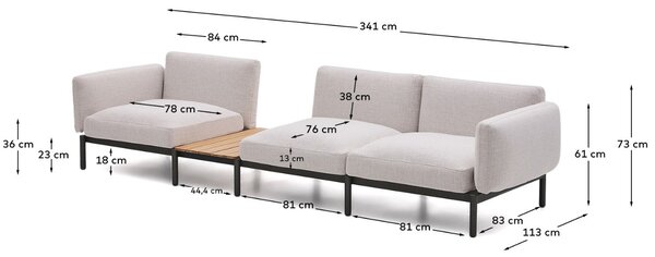 Kave Home Zahradní pohovka Sorells 341 cm se stolkem se šedou podnoží