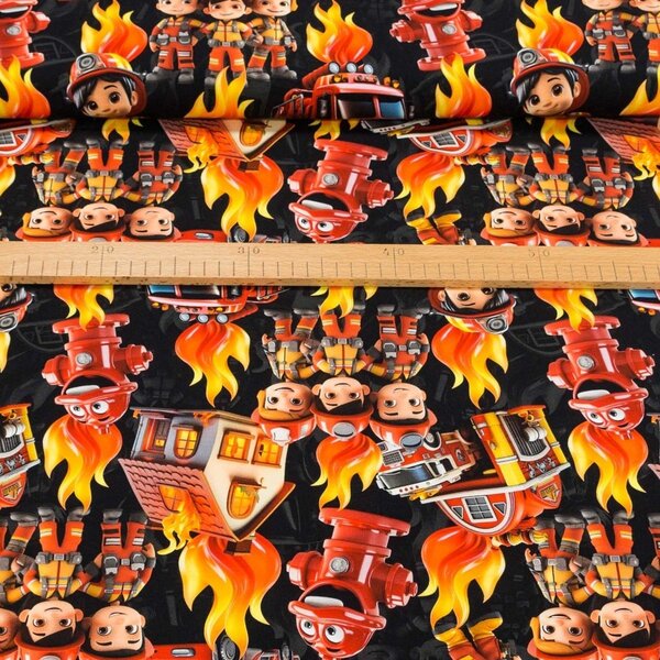 Bavlněný úplet dětský TEPLÁKOVINA 4842 9099, HASIČI, oranžová, š.185cm (látka v metráži)