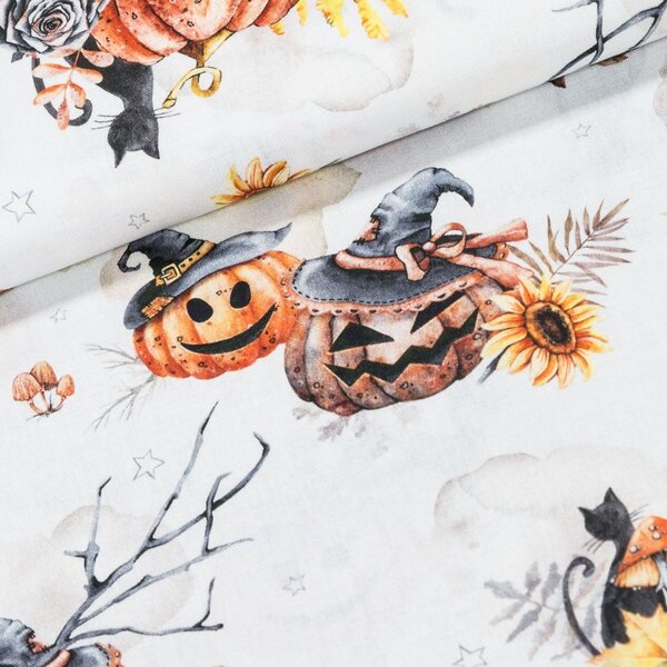 Bavlněné plátno FLITWICK, helloween na bílé, š.150cm (látka v metráži)