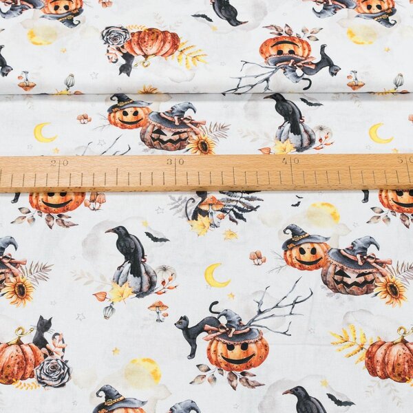 Bavlněné plátno FLITWICK, helloween na bílé, š.150cm (látka v metráži)