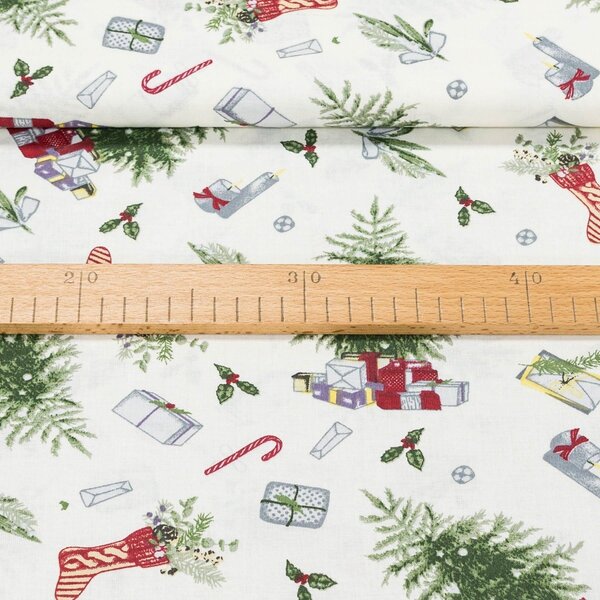 Bavlněné plátno vánoční 103000/16800, stromečky a dárky na bílé, š.140cm (látka v metráži)