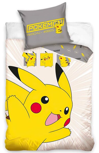 Carbotex dětské povlečení POKÉMON PIKACHU V AKCI, šedé, bavlna hladká, 140x200cm + 70x90cm